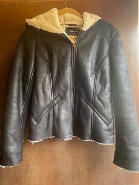 Blanc Noir Black Faux SHEARLING Hooded Jacket with Cream Shearling Lining